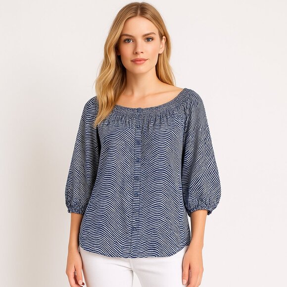 Banana Republic 100% Silk Blue White Striped Peasant Blouse Size L Boho Chic - Picture 9 of 9